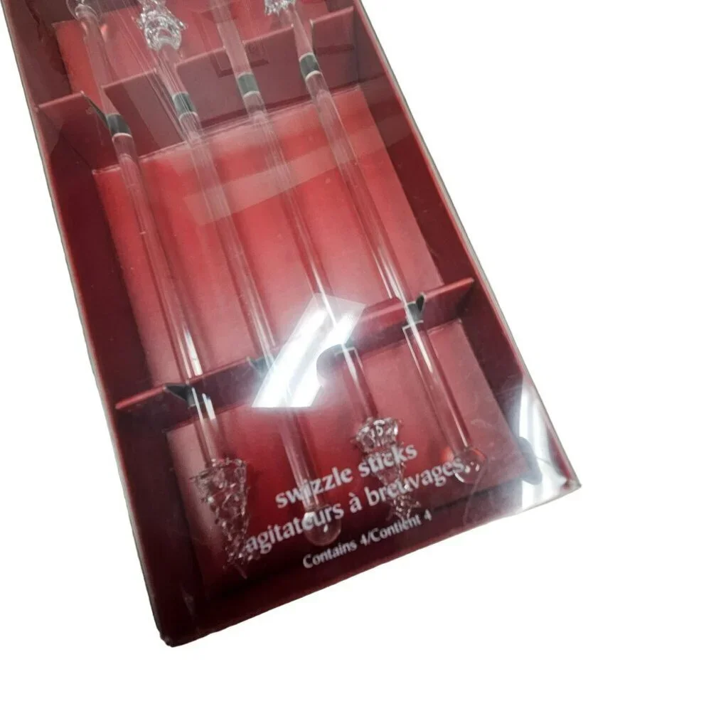 Pier One‎ Glass Swizzle Sticks With Decorative Christmas Tree Tops Set Of 4 Xmas